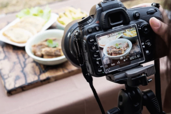 Professional product photography setup with DSLR camera capturing plated dishes