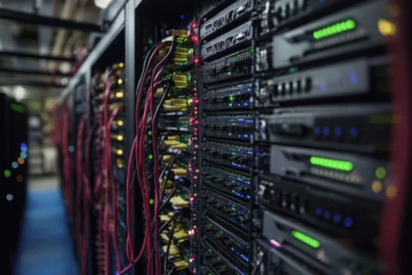 Server racks with blinking lights and network cables in a data center