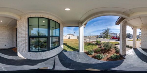 360 virtual tour image of modern residential front porch and landscaped yard